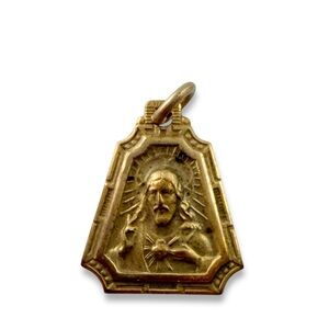 Vintage Art Deco Sacred Heart of Jesus Brass Plated Medal Charm